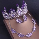 Purple Series Bridal Jewelry Crystal Column Crown Necklace Earrings Set