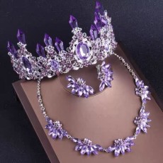 Purple Series Bridal Jewelry Crystal Column Crown Necklace Earrings Set