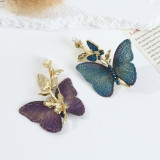 Embroidered fabric butterfly brooch, purple blue insect pin, freshwater pearl butterfly