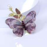 Embroidered fabric butterfly brooch, purple blue insect pin, freshwater pearl butterfly