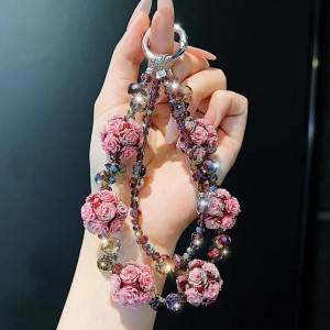Crystal flower ball mobile phone chain string pearl turned rose pendant anti loss wrist strap