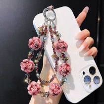 Crystal flower ball mobile phone chain string pearl turned rose pendant anti loss wrist strap