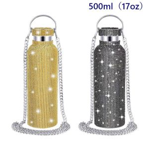 500ml 17oz Rhinestone Double layered stainless steel insulated cup with chain inlaid diamond water cup
