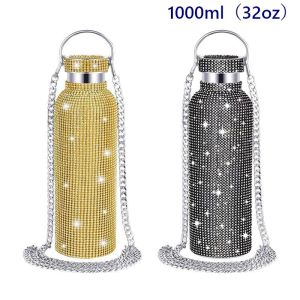 1000ml 32oz Rhinestone Double layered stainless steel insulated cup with chain inlaid diamond water cup