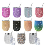 New beer mug Rhinestone 12oz U-shaped wine glass, double-layer stainless steel insulated cup