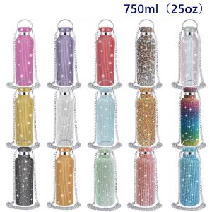 750ml 25oz Rhinestone Double layered stainless steel insulated cup with chain inlaid diamond water cup