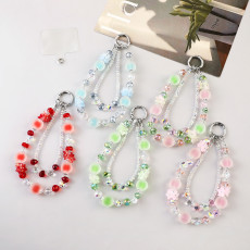 Pink green mobile phone chain flower crystal bead wrist strap bag ornament