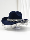 Soft felt bridal hat, big round gemstone tassel rhinestone accessory hat, western cowboy hat