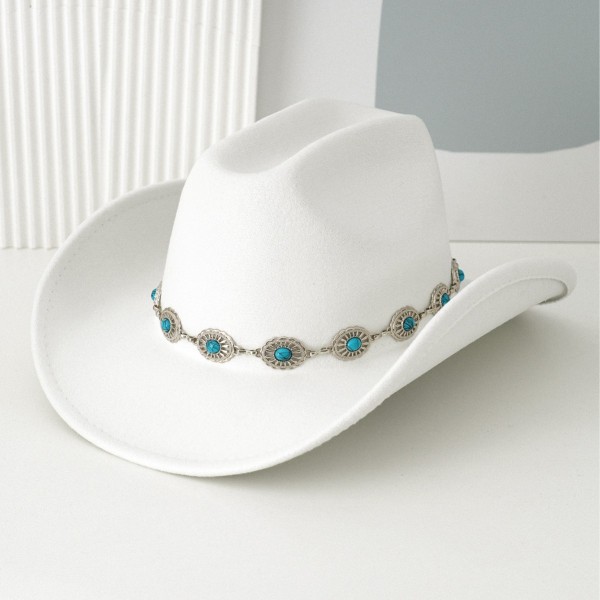 Turquoise waist belt hat band bowler hat Bohemian style retro wide brim design party