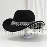 Soft felt bridal hat, big round gemstone tassel rhinestone accessory hat, western cowboy hat