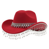 Soft felt bridal hat, big round gemstone tassel rhinestone accessory hat, western cowboy hat
