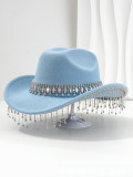 Soft felt bridal hat, big round gemstone tassel rhinestone accessory hat, western cowboy hat