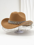 Soft felt bridal hat, big round gemstone tassel rhinestone accessory hat, western cowboy hat
