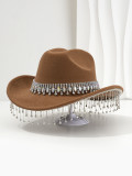 Soft felt bridal hat, big round gemstone tassel rhinestone accessory hat, western cowboy hat