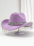 Soft felt bridal hat, big round gemstone tassel rhinestone accessory hat, western cowboy hat