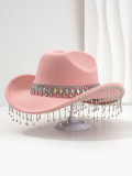 Soft felt bridal hat, big round gemstone tassel rhinestone accessory hat, western cowboy hat