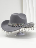 Soft felt bridal hat, big round gemstone tassel rhinestone accessory hat, western cowboy hat