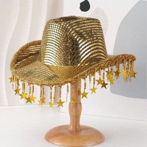 Western cowboy hat sequin tassel star design wide brimmed hat BR street party jazz hat