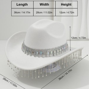 Soft felt bridal hat, big round gemstone tassel rhinestone accessory hat, western cowboy hat