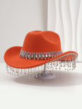 Soft felt bridal hat, big round gemstone tassel rhinestone accessory hat, western cowboy hat