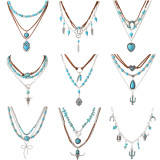 Retro imitation turquoise collarbone chain bead necklace set with heart-shaped cow head