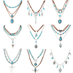 Retro imitation turquoise collarbone chain bead necklace set with heart-shaped cow head