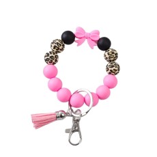 Colorful bow leopard print silicone bead string tassel bracelet wristlet keychain bag accessory