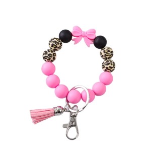 Colorful bow leopard print silicone bead string tassel bracelet wristlet keychain bag accessory