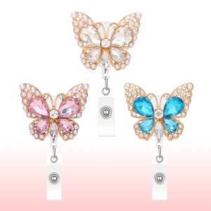 Diamond inlaid butterfly shaped retractable buckle crystal pearl ID clip