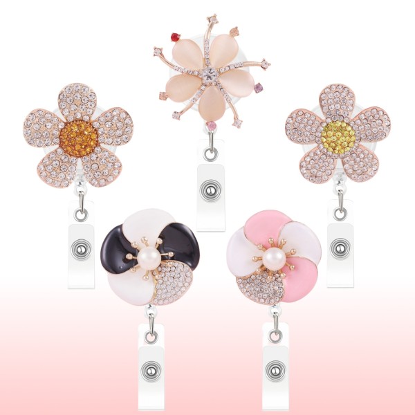 DIY Diamond studded Metal Flower Shaped Easy to Pull Buckle Fashion Jewelry Decoration Telescopic ID Badge Clip