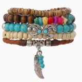 Bohemian style bracelet made of turquoise, wood beads, beaded alloy, cow head leaf accessories, men's and women's multi-layer bracelets