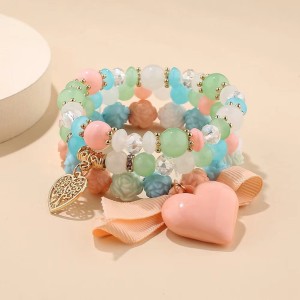 Bohemian-style hollowed-out alloy heart pendant multi-layer stretch cord bracelet