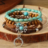 Bohemian style bracelet made of turquoise, wood beads, beaded alloy, cow head leaf accessories, men's and women's multi-layer bracelets