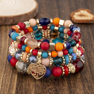 Bohemian ethnic style multi-layer bead bracelet with peach heart hollow out life tree pendant crystal bracelet