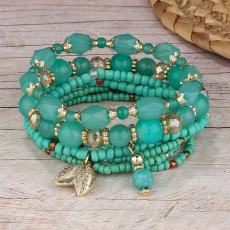 Bohemian ethnic style layered bead bracelet, leaf pendant, layered bracelet set