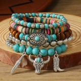Bohemian style bracelet made of turquoise, wood beads, beaded alloy, cow head leaf accessories, men's and women's multi-layer bracelets