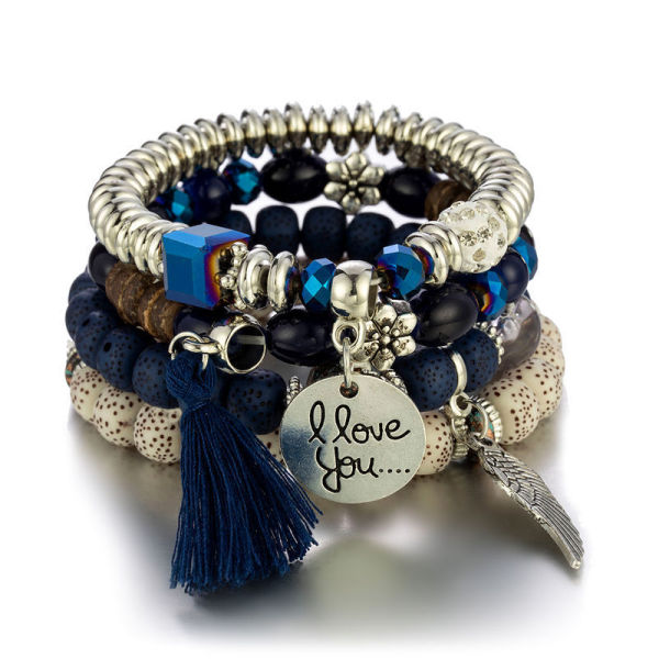 Bohemian Bracelet Women's Tassel Wings I LOVE YOU Pendant Tassel Multi layer Beaded Bracelet Set