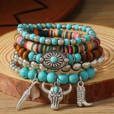 Bohemian style bracelet made of turquoise, wood beads, beaded alloy, cow head leaf accessories, men's and women's multi-layer bracelets