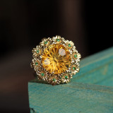 Yellow Crystal Ice Flower Wealth Collection 18K Gold Flower Open Ring