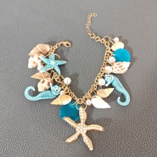 Ocean Bohemian style bracelet, starfish shell, pearl bag, hanging chain, shoe chain