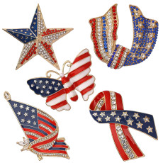National flag pattern drip oil inlaid diamond brooch, women's five pointed star butterfly brooch Independence Day