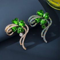 St. Patrick's Day Lucky Clover brooch, green crystal studded diamond coat, suit accessories, brooch for women