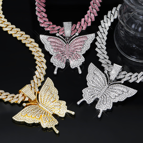 Hip hop style necklace with full diamond butterfly pendant Cuban chain