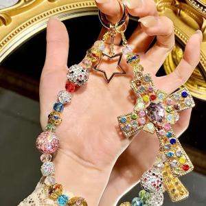 Heavy Industry Color Diamond Cross Phone Chain Bead Phone Hanging Rope Keychain Bag Chain