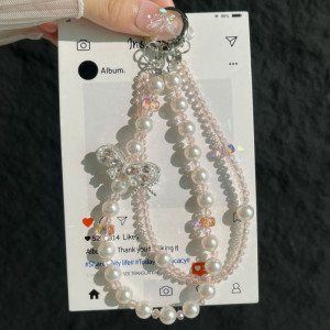 Double chain crystal pearl mobile phone hanging chain bag camera hanging decoration bead wrist short rhinestone bracelet