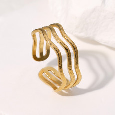 Geometric 18K gold stainless steel open ring with multi-layer hollow titanium steel bracelet