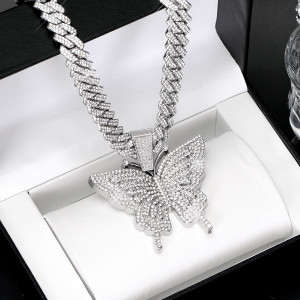 Hip hop style necklace with full diamond butterfly pendant Cuban chain