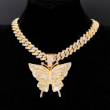 Hip hop style necklace with full diamond butterfly pendant Cuban chain