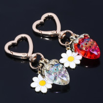 Peach Heart Sweet Translucent Strawberry Flower Heart shaped Keychain Ins Bag Key Decoration Car Pendant