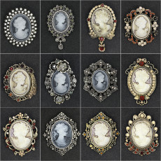 Rhinestone beauty head brooch electroplated alloy retro chest flower women's clothing accessory pin